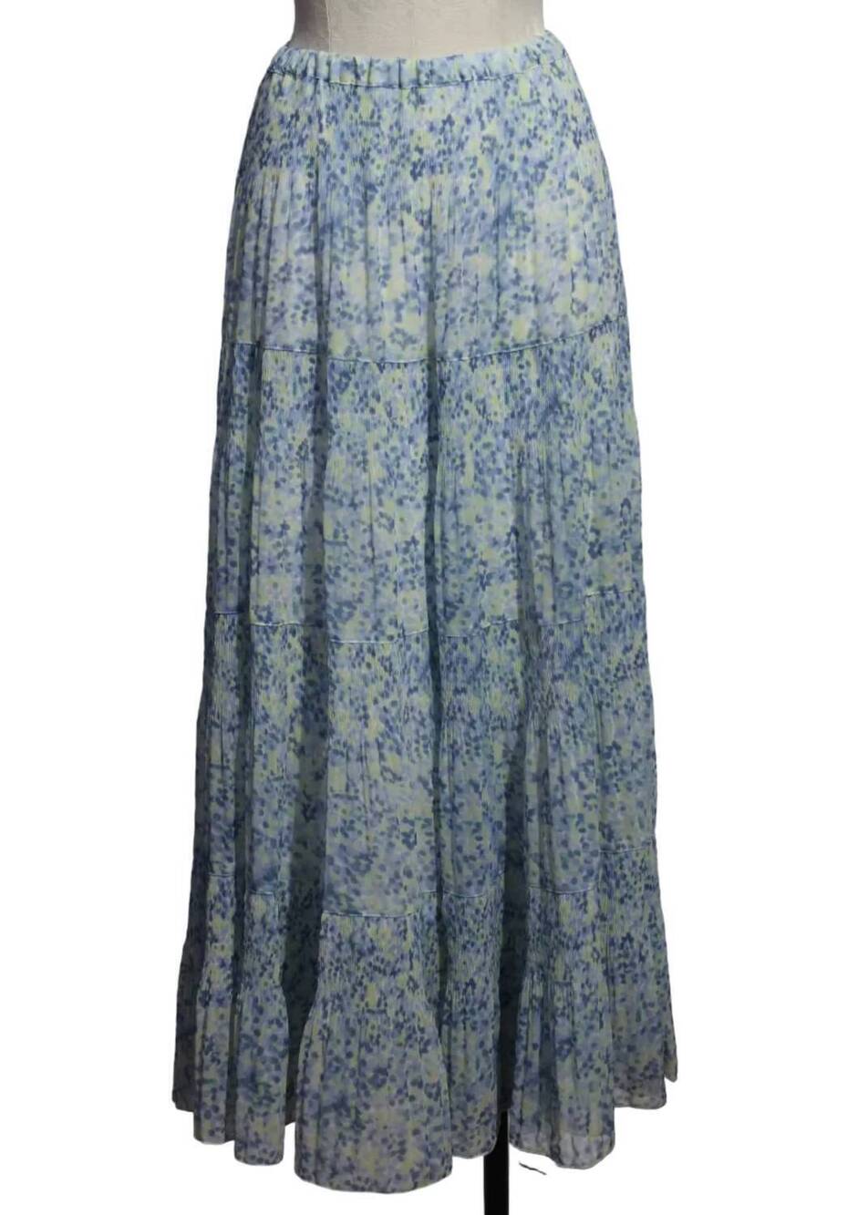 NEW ALISON SHERI women's tiered maxi pastel print skirt in light blue multi